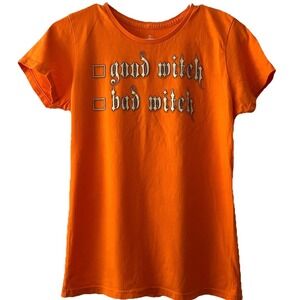 Women's Halloween T-Shirt Sz M Orange Good Witch Bad Witch Check‎ Box Cap Sleeve